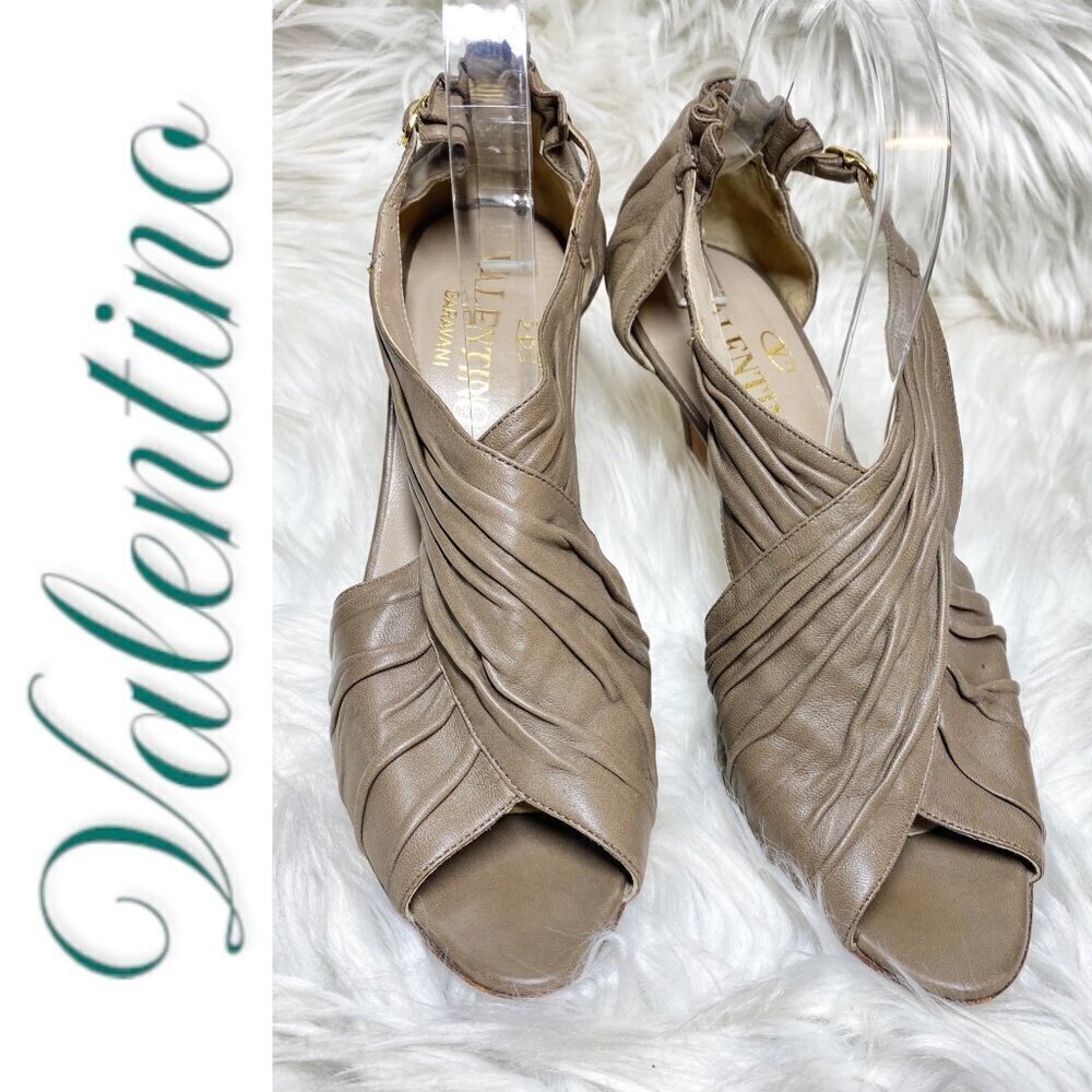 VALENTINO Vintage Taupe Leather Ruffle Accent Open Toe Stiletto Heels, Size 38.5